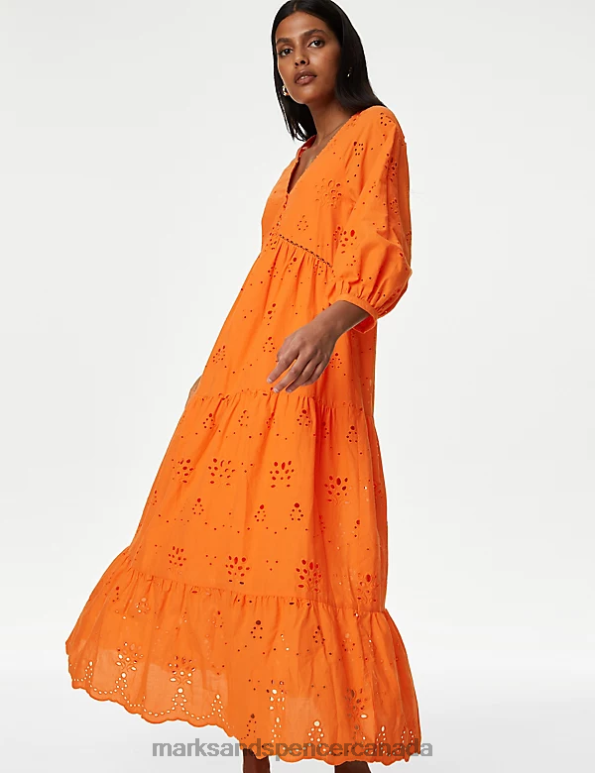Marks and Spencer Canada - Women Orange Mix Clothing Marks & Spencer Pure Cotton Broderie V-Neck Midaxi Dress 20VTD688