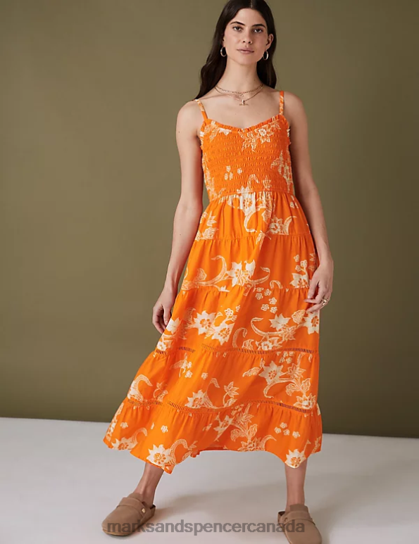 Women Orange Mix Clothing Marks & Spencer Pure Cotton Floral V-Neck Midaxi Dress 20VTD987 - Marks and Spencer online