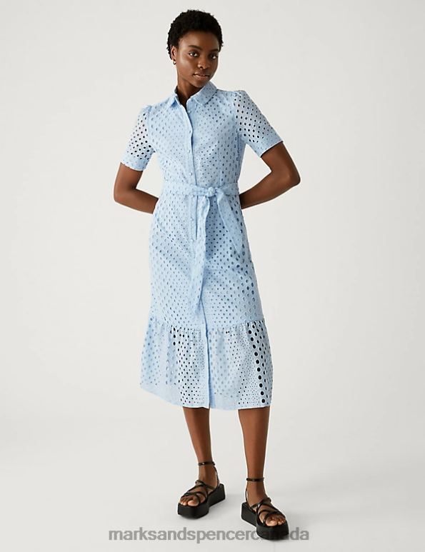 Marks and Spencer near me - Women Pale Blue Clothing Marks & Spencer Pure Cotton Broderie Belted Midi Shirt Dress 20VTD596