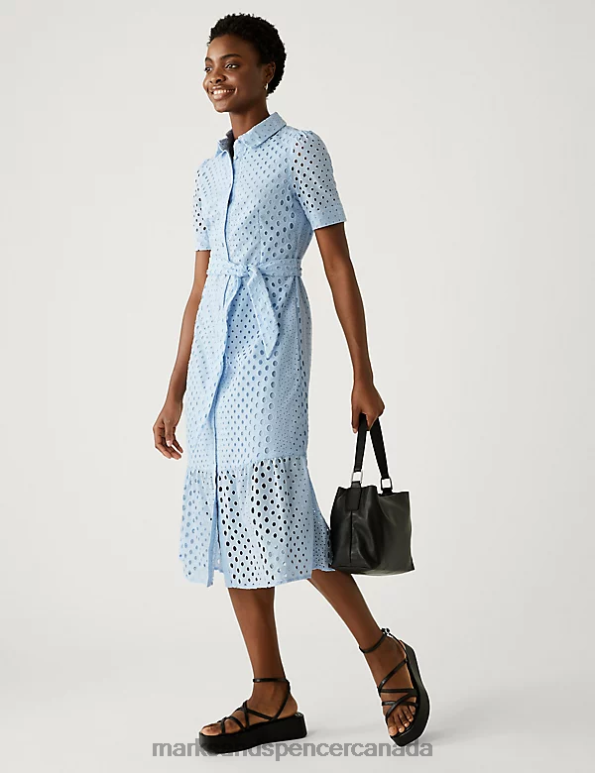 Marks and Spencer near me - Women Pale Blue Clothing Marks & Spencer Pure Cotton Broderie Belted Midi Shirt Dress 20VTD596