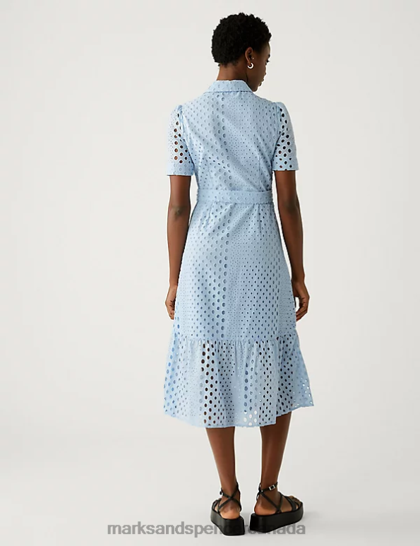Marks and Spencer near me - Women Pale Blue Clothing Marks & Spencer Pure Cotton Broderie Belted Midi Shirt Dress 20VTD596