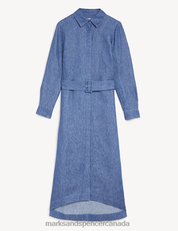 Women Pale Blue Clothing Marks & Spencer Pure Linen Belted Midi Shirt Dress 20VTD1375 - Marks and Spencer online