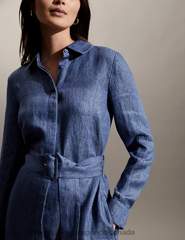 Women Pale Blue Clothing Marks & Spencer Pure Linen Belted Midi Shirt Dress 20VTD1375 - Marks and Spencer online