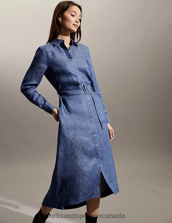 Women Pale Blue Clothing Marks & Spencer Pure Linen Belted Midi Shirt Dress 20VTD1375 - Marks and Spencer online