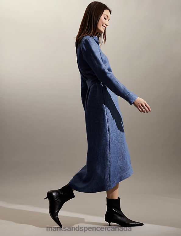 Women Pale Blue Clothing Marks & Spencer Pure Linen Belted Midi Shirt Dress 20VTD1375 - Marks and Spencer online