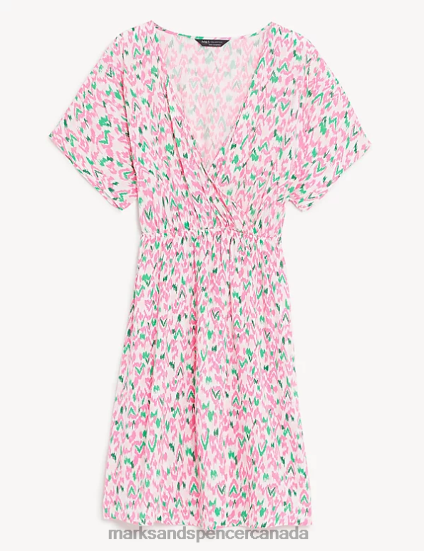 Women Pale Pink Mix Clothing Marks & Spencer Printed V-Neck Mini Waisted Dress 20VTD3016 - Marks and Spencer outlet