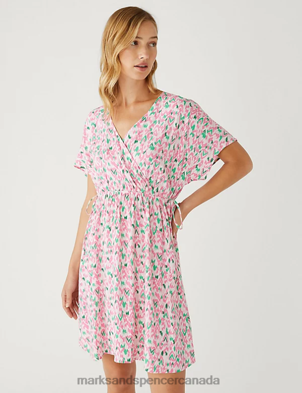 Women Pale Pink Mix Clothing Marks & Spencer Printed V-Neck Mini Waisted Dress 20VTD3016 - Marks and Spencer outlet