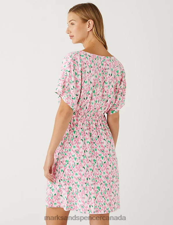 Women Pale Pink Mix Clothing Marks & Spencer Printed V-Neck Mini Waisted Dress 20VTD3016 - Marks and Spencer outlet