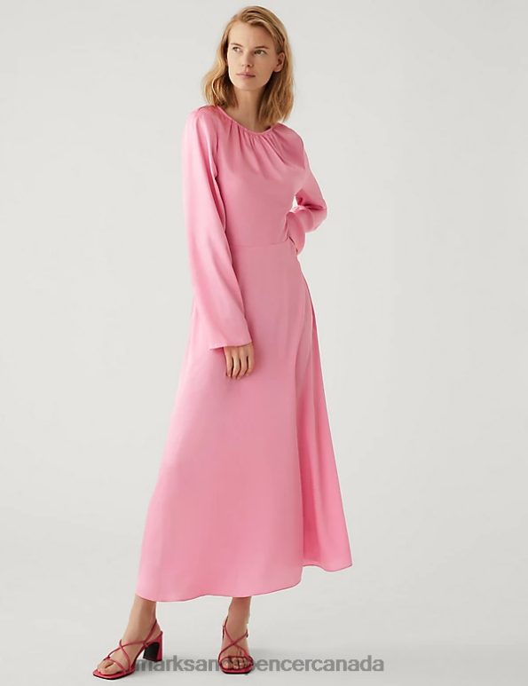 Marks and Spencer Canada - Women Petal Pink Clothing Marks & Spencer Satin Round Neck Midi Tea Dress 20VTD2243