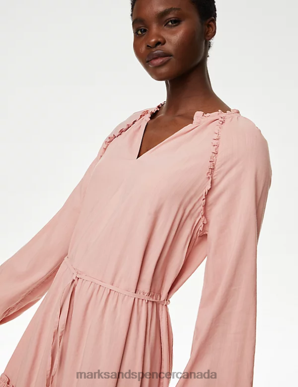 Marks and Spencer near me - Women Pink Clothing Marks & Spencer Cotton Rich Frill Detail Mini Tiered Dress 20VTD26