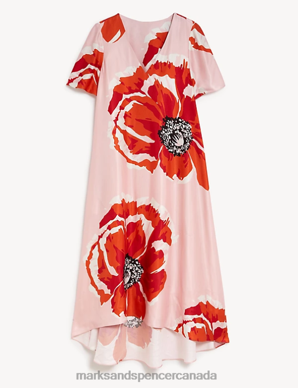 Marks and Spencer Canada - Women Pink Clothing Marks & Spencer Floral V-Neck Midi Relaxed Shift Dress 20VTD879