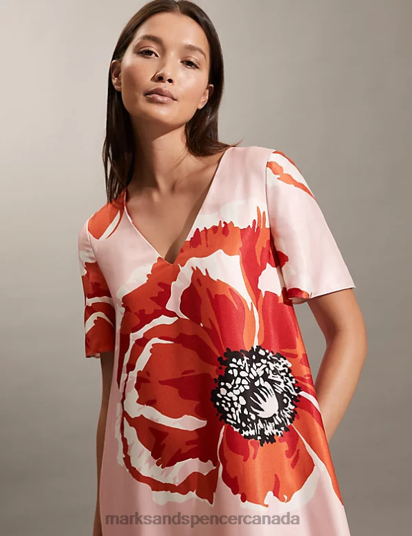 Marks and Spencer Canada - Women Pink Clothing Marks & Spencer Floral V-Neck Midi Relaxed Shift Dress 20VTD879