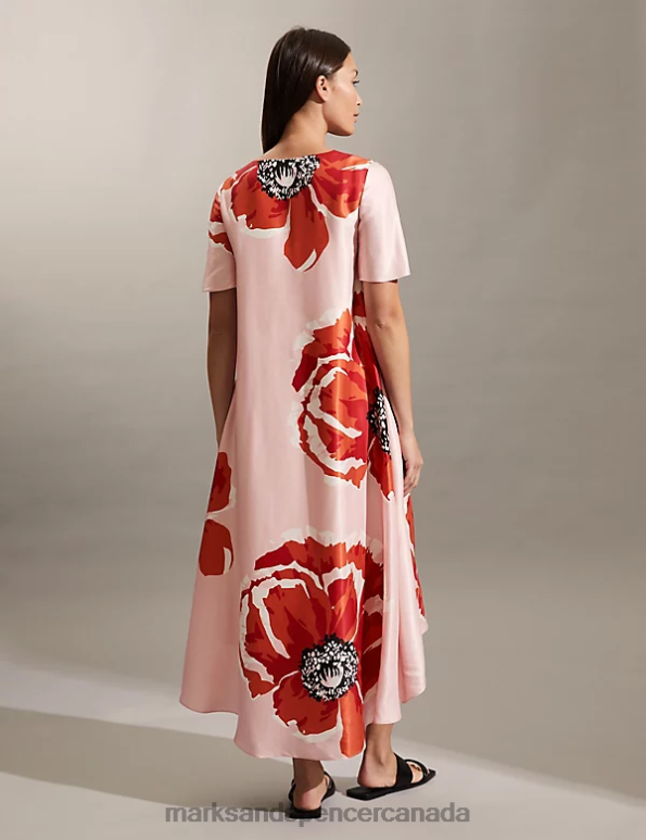 Marks and Spencer Canada - Women Pink Clothing Marks & Spencer Floral V-Neck Midi Relaxed Shift Dress 20VTD879