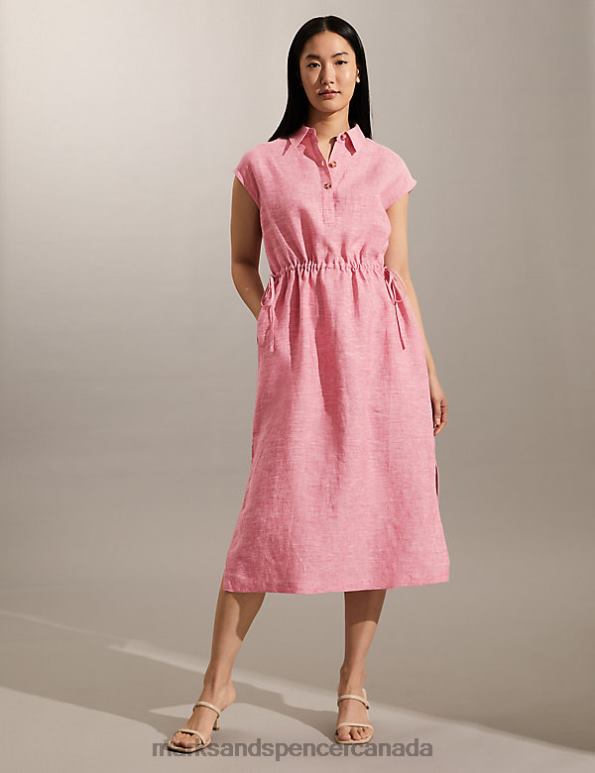 Women Pink Clothing Marks & Spencer Pure Linen Tie Waist Midi Shirt Dress 20VTD1314 - Marks and Spencer Canada locations
