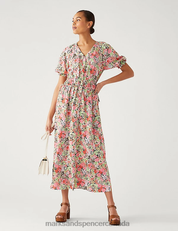 Marks and Spencer near me - Women Pink Mix Clothing Marks & Spencer Floral V-Neck Midi Waisted Dress 20VTD2007