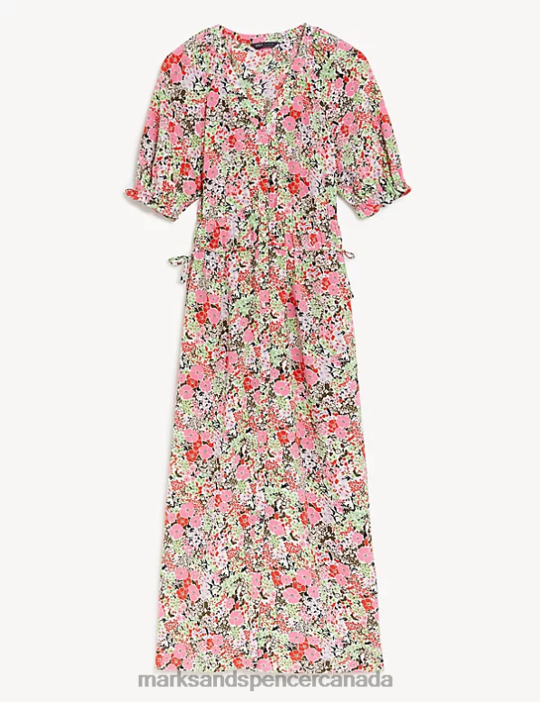 Marks and Spencer near me - Women Pink Mix Clothing Marks & Spencer Floral V-Neck Midi Waisted Dress 20VTD2007