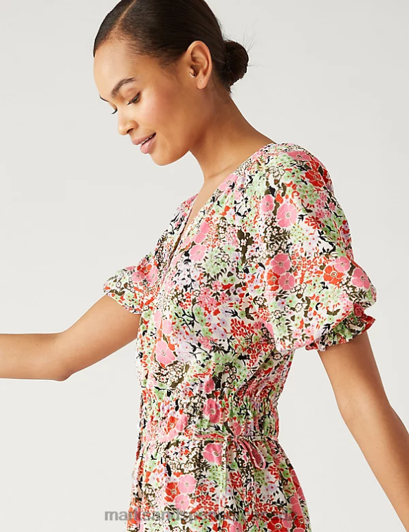 Marks and Spencer near me - Women Pink Mix Clothing Marks & Spencer Floral V-Neck Midi Waisted Dress 20VTD2007