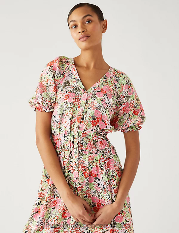 Marks and Spencer near me - Women Pink Mix Clothing Marks & Spencer Floral V-Neck Midi Waisted Dress 20VTD2007