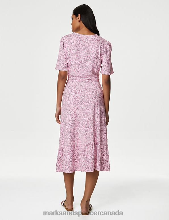 Women Pink Mix Clothing Marks & Spencer Jersey Printed V-Neck Midi Wrap Dress 20VTD820 - Marks and Spencer outlet