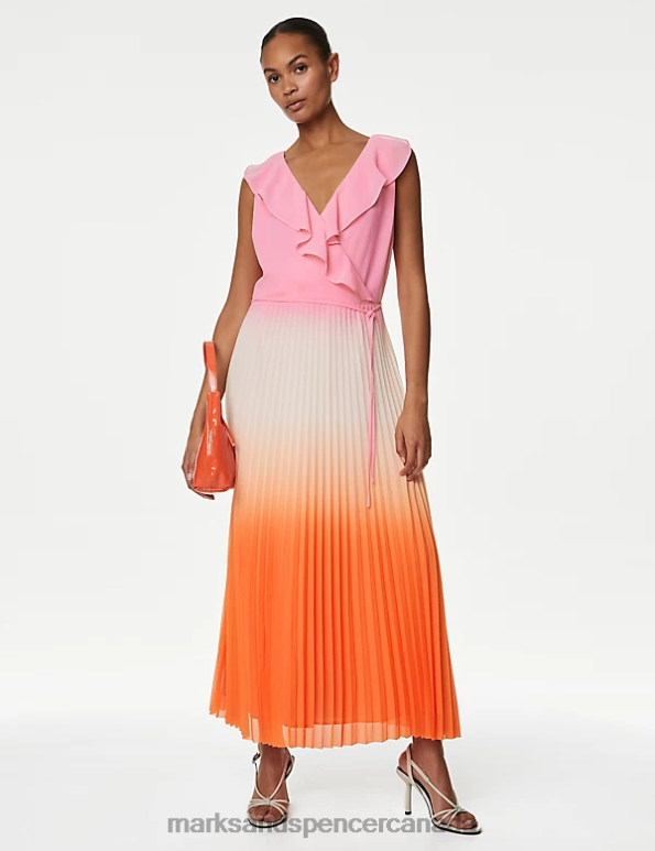 Women Pink Mix Clothing Marks & Spencer Ombre V-Neck Pleated Midi Waisted Dress 20VTD343 - Marks and Spencer Canada locations