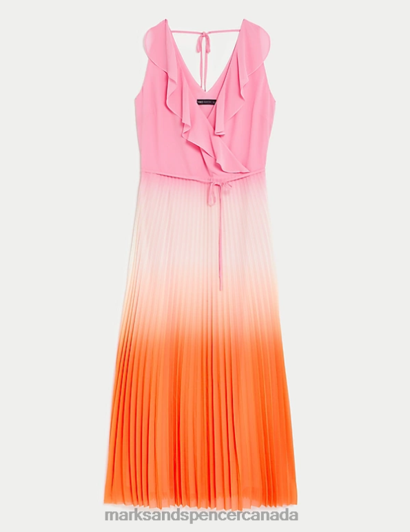 Women Pink Mix Clothing Marks & Spencer Ombre V-Neck Pleated Midi Waisted Dress 20VTD343 - Marks and Spencer Canada locations