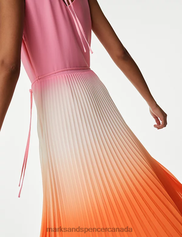 Women Pink Mix Clothing Marks & Spencer Ombre V-Neck Pleated Midi Waisted Dress 20VTD343 - Marks and Spencer Canada locations