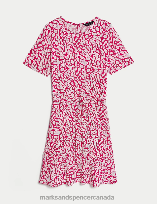 Women Pink Mix Clothing Marks & Spencer Printed Round Neck Belted Mini Skater Dress 20VTD982 - Marks and Spencer outlet