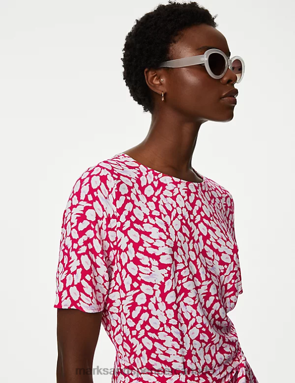Women Pink Mix Clothing Marks & Spencer Printed Round Neck Belted Mini Skater Dress 20VTD982 - Marks and Spencer outlet