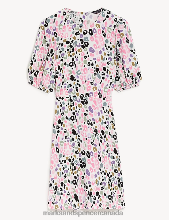 Women Pink Mix Clothing Marks & Spencer Printed Round Neck Mini Tea Dress 20VTD1222 - Marks and Spencer Canada locations