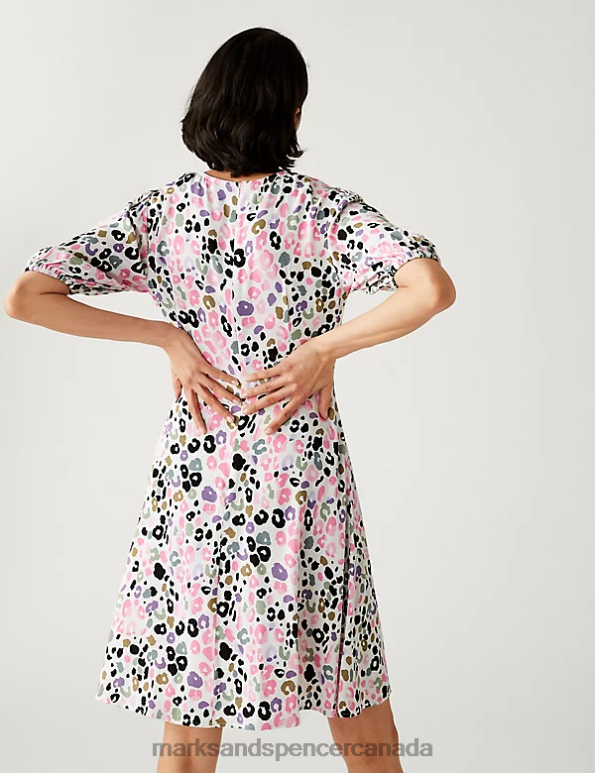 Women Pink Mix Clothing Marks & Spencer Printed Round Neck Mini Tea Dress 20VTD1222 - Marks and Spencer Canada locations