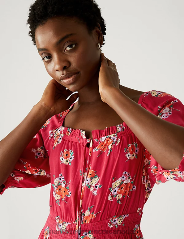 Women Pink Mix Clothing Marks & Spencer Printed Square Neck Midi Waisted Dress 20VTD844 - Marks and Spencer outlet