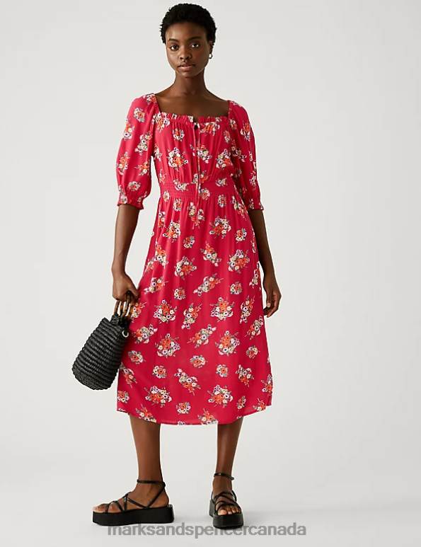 Women Pink Mix Clothing Marks & Spencer Printed Square Neck Midi Waisted Dress 20VTD844 - Marks and Spencer outlet