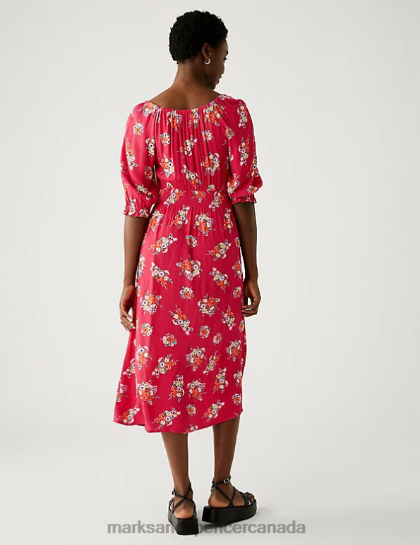 Women Pink Mix Clothing Marks & Spencer Printed Square Neck Midi Waisted Dress 20VTD844 - Marks and Spencer outlet