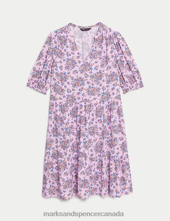 Women Pink Mix Clothing Marks & Spencer Printed V-Neck Knee Length Tiered Dress 20VTD428 - Marks and Spencer Canada locations