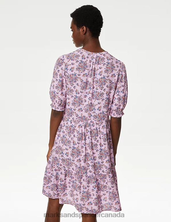 Women Pink Mix Clothing Marks & Spencer Printed V-Neck Knee Length Tiered Dress 20VTD428 - Marks and Spencer Canada locations