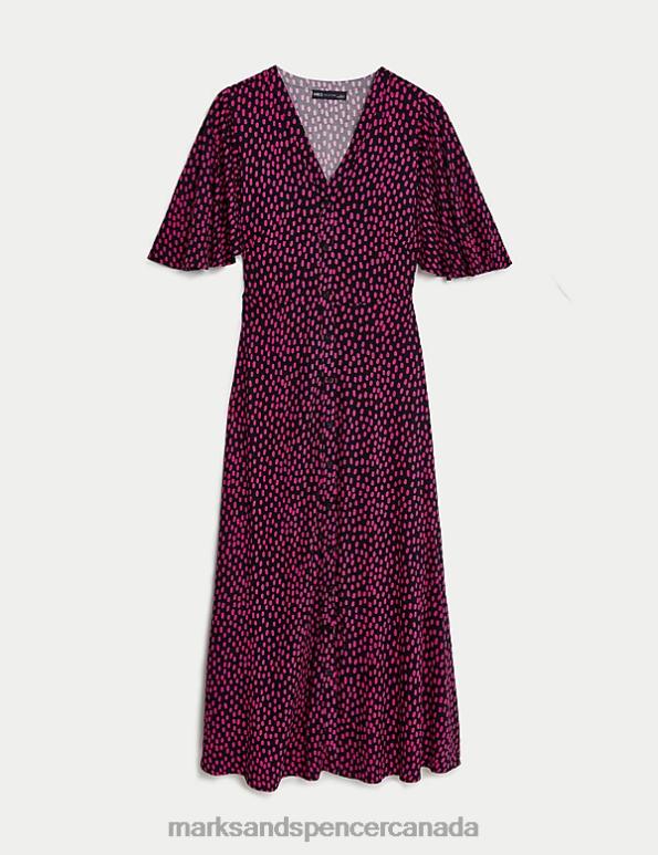 Women Pink Mix Clothing Marks & Spencer Printed V-Neck Midi Tea Dress 20VTD1740 - Marks and Spencer outlet