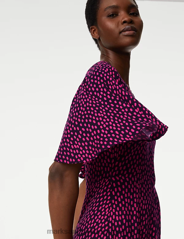 Women Pink Mix Clothing Marks & Spencer Printed V-Neck Midi Tea Dress 20VTD1740 - Marks and Spencer outlet