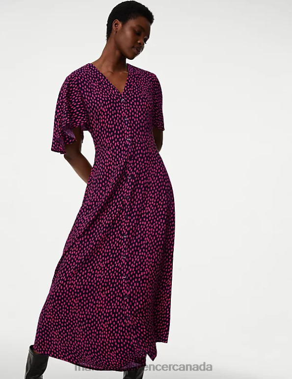 Women Pink Mix Clothing Marks & Spencer Printed V-Neck Midi Tea Dress 20VTD1740 - Marks and Spencer outlet