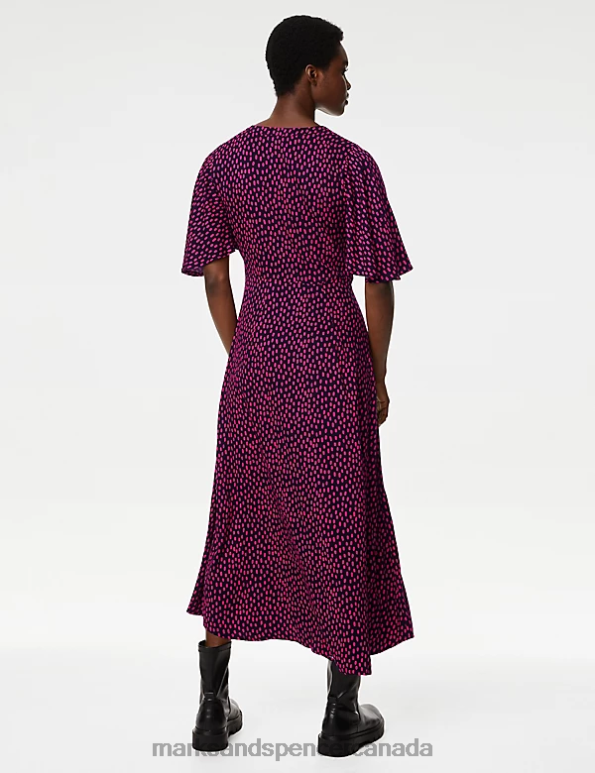 Women Pink Mix Clothing Marks & Spencer Printed V-Neck Midi Tea Dress 20VTD1740 - Marks and Spencer outlet