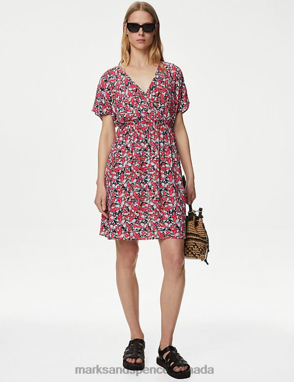 Marks and Spencer sale - Women Pink Mix Clothing Marks & Spencer Printed V-Neck Mini Waisted Dress 20VTD3013