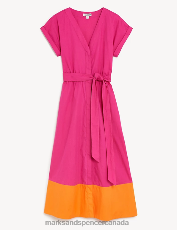 Women Pink Mix Clothing Marks & Spencer Pure Cotton Colour Block Midi Waisted Dress 20VTD222 - Marks and Spencer outlet