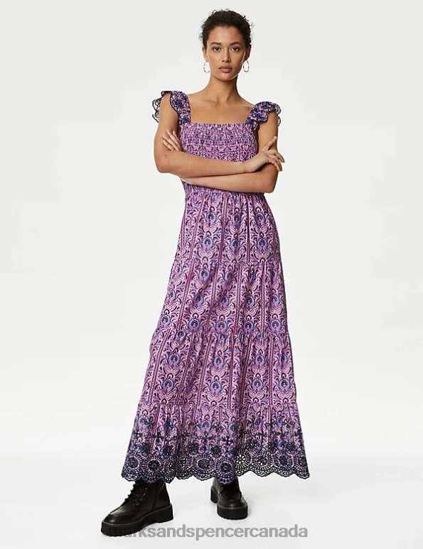 Marks and Spencer sale - Women Pink Mix Clothing Marks & Spencer Pure Cotton Printed Square Neck Midaxi Dress 20VTD597