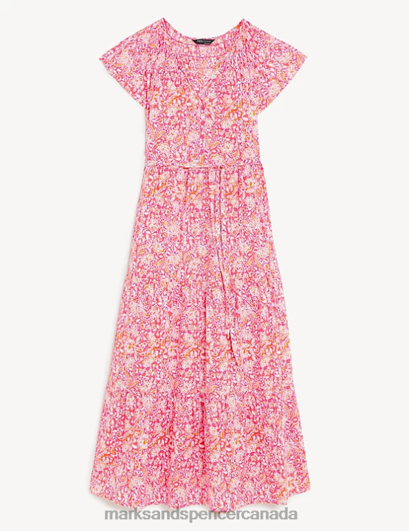 Women Pink Mix Clothing Marks & Spencer Pure Cotton Printed V-Neck Midaxi Dress 20VTD522 - Marks and Spencer outlet