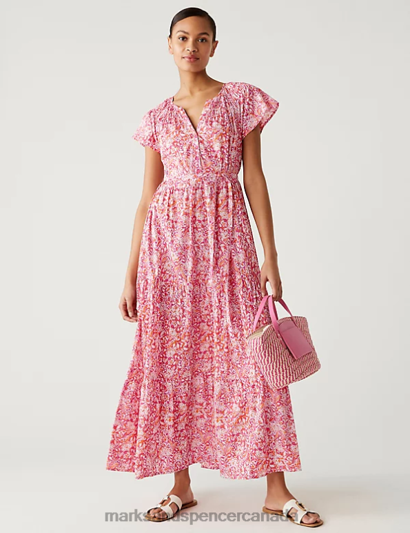 Women Pink Mix Clothing Marks & Spencer Pure Cotton Printed V-Neck Midaxi Dress 20VTD522 - Marks and Spencer outlet