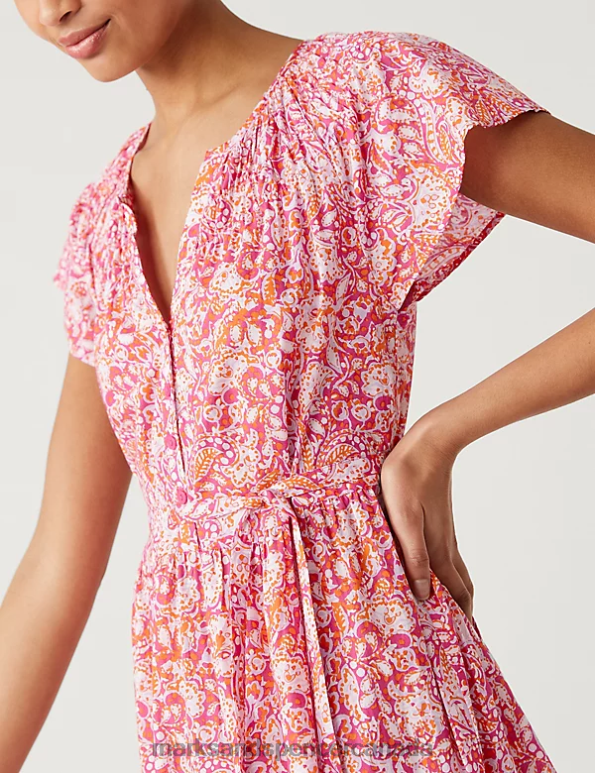 Women Pink Mix Clothing Marks & Spencer Pure Cotton Printed V-Neck Midaxi Dress 20VTD522 - Marks and Spencer outlet