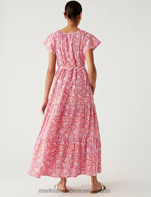 Women Pink Mix Clothing Marks & Spencer Pure Cotton Printed V-Neck Midaxi Dress 20VTD522 - Marks and Spencer outlet