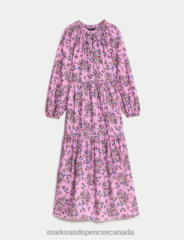 Marks and Spencer Canada - Women Pink Mix Clothing Marks & Spencer Pure Cotton Printed V-Neck Midaxi Shirt Dress 20VTD434