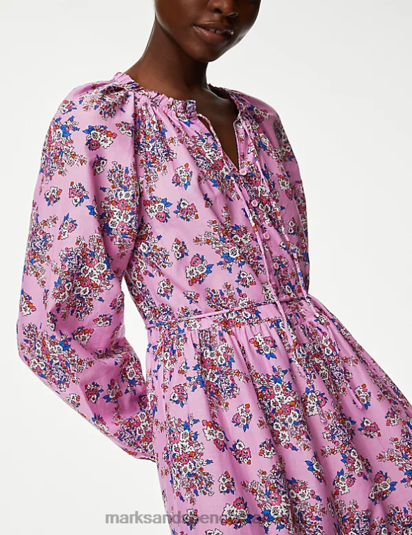 Marks and Spencer Canada - Women Pink Mix Clothing Marks & Spencer Pure Cotton Printed V-Neck Midaxi Shirt Dress 20VTD434