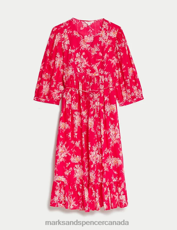 Marks and Spencer sale - Women Pink Mix Clothing Marks & Spencer Pure Cotton Printed V-Neck Midi Smock Dress 20VTD27
