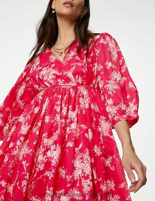 Marks and Spencer sale - Women Pink Mix Clothing Marks & Spencer Pure Cotton Printed V-Neck Midi Smock Dress 20VTD27